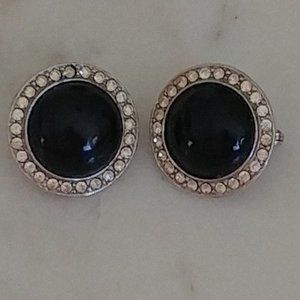 Vintage GJD Circular Black with Rhinestones Clip on Earrings